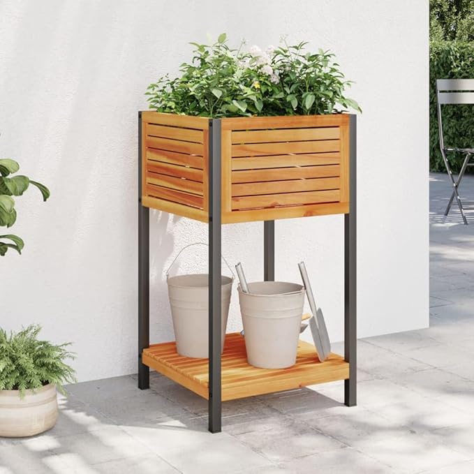 Garden Planter Brown Solid Acacia Wood Powder-Coated Steel 17.7x17.7x31.5 Inch Raised Garden Bed for Outdoor Plants
