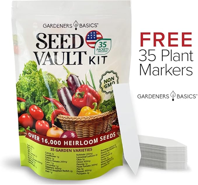 Gardeners Basics Survival Vegetable Seeds Garden Kit Over 16000 Seeds Non-GMO and Heirloom Great for Emergency Bugout Survival Gear 35 Varieties Seeds for Planting Vegetables 35 Free Plant Markers