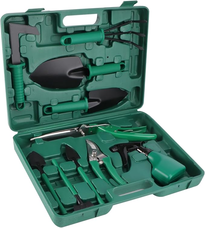 BESPORTBLE Garden Tool Set Case 10-Piece Kit with Trowel Shovel Hoe Weeder Spade Cultivator Pruning Shears Water Sprayer and Bag for Easy Organization