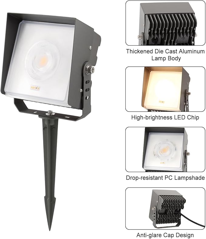 Led Landscape Outdoor Spot Light with Anti-Glare Cap - Heavy Duty Waterproof IP65 120V 270⁰ Adjustable Mount 3000K Thickened Aluminum Spotlight for BLDG Yard Garden Tree (48 Watts)
