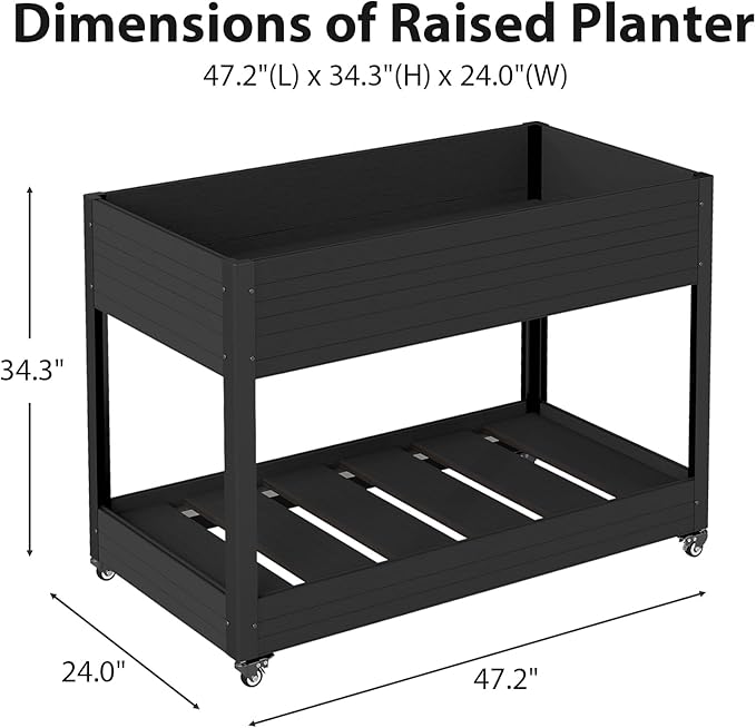 mondaria Mobile Raised Garden Bed 48x24x34 Elevated Planter with Lockable Wheels Wood Plastic Composite Standing Garden Container for Backyard PatioBlack