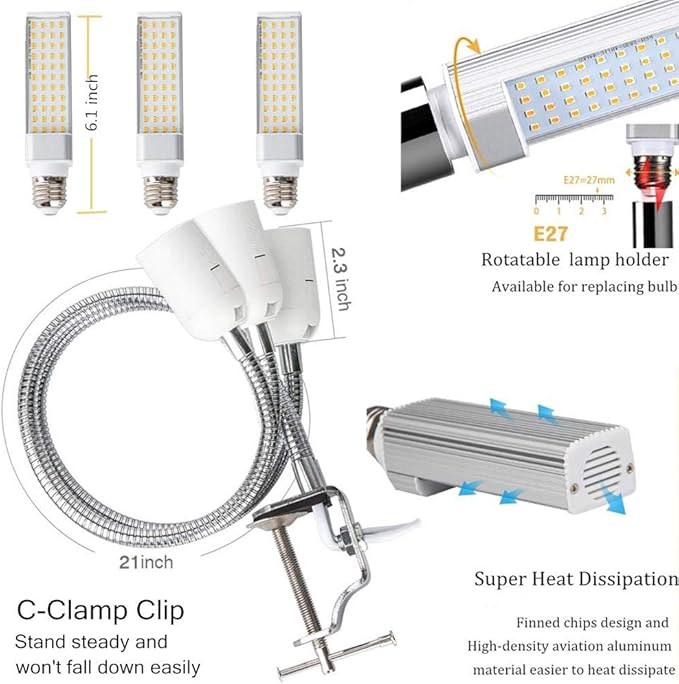 LED Grow Light for Indoor Plant68W 132 LED Timing Grow Lamp Auto On/Off with 3/6/12H Timer 5 Dimmable Levels 3 Switch Modes Adjustable Gooseneck(68W 3 Heads Light)