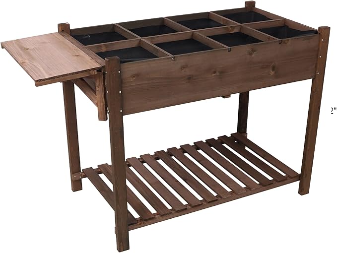 8 Pockets Horticulture Raised Garden Bed Elevated Wood Planter Box Stand with Foldable Side Table and Storage Shelf for Herb/Vegetables/Flowers Dark Brown Color