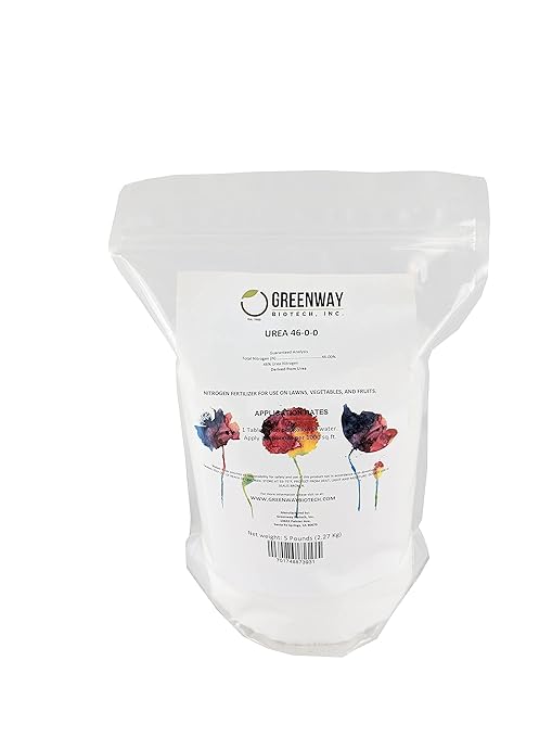 Greenway Biotech Inc. Urea Fertilizer Plant Food High Efficiency 46% Nitrogen 46-0-0 for IndoorOutdoor Plant - Prilled Aqua Regia Gold Refining 99.9% Water Soluble Garden Lawn Fertilizer (5 Pound)