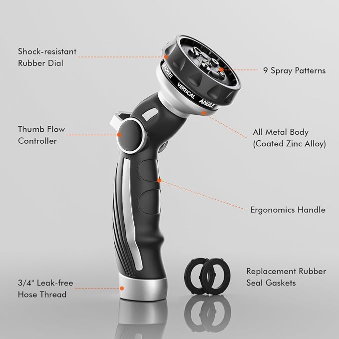 RESTMO Water Hose Nozzle Metal Garden Hose Sprayer Heavy Duty | 9 Spray Patterns | High Pressure | Thumb Flow Control Ideal for Outdoor Lawn &amp Plant Watering Car &amp Pet Washing Silver