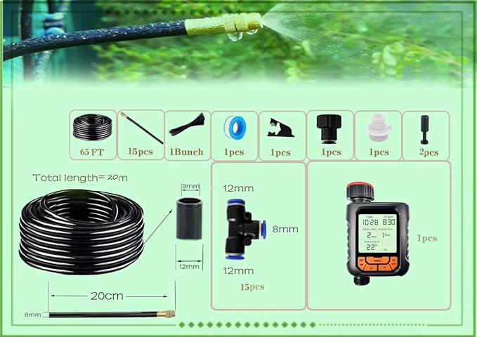 New drip Irrigation kit Automatic Garden Watering System Quick Connector and 360-degree Bending Dropper atomizing Copper Nozzle Garden Plant Lawn Courtyard Watering System. (Timer)