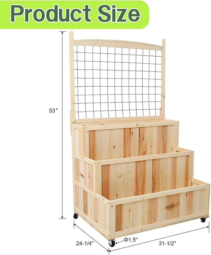 3-Tiers Raised Garden Bed with Trellis 53 H Vertical Planter Box with Wheels &amp Back Storage Area for Flowers Vegetables Herbs Natural (31 L x 24 W x 53 H)