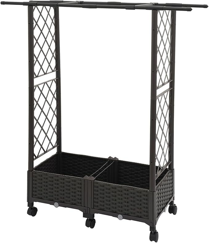 DYNAMI Raised Garden Bed with Wheels and Sided Trellis &amp Hanging RoofMultifunctional Rolling Planter Box Outdoorwith Drainage Holes31.5”x15.7”x51” (L x W x H)