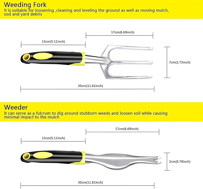 DINGFAN Gardening Tools 5 Piece Gardening Tools Set Aluminum Garden Hand Tools Kit Shovel Transplant Trowel Rake Cultivator Weeding Fork Weeder for Gardener