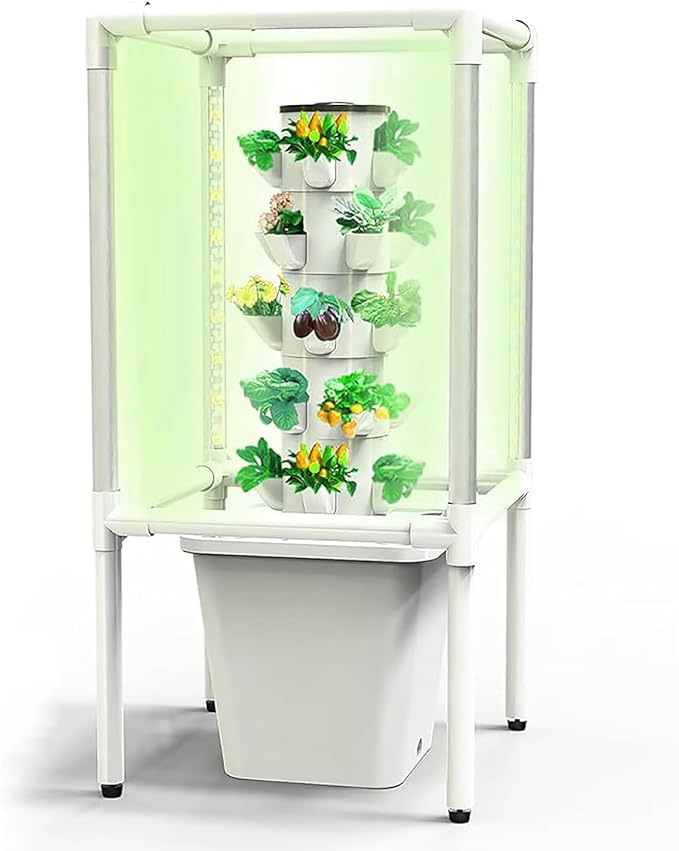 KEhtu Hydroponic Growing System 30 Hole Hydroponics Tower with LED Grow Light Net Pots Aeroponics Growing Kit Outdoor Indoor Vertical Garden Save Space for Herbs Fruits and Vegetable