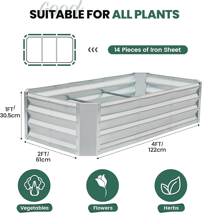 G GOOD GAIN 4x2x1ft Raised Garden Bed – Galvanized Metal Planter Box for Vegetables Flowers Herbs Fruits – Outdoor Garden Beds with Open Bottom Sliver