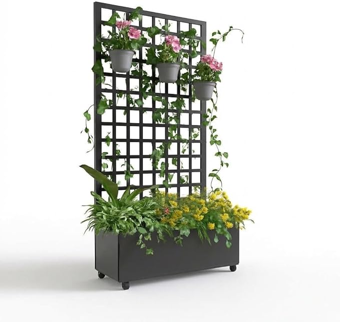 IDEALHOUSE Metal Planter Box with Trellis 72x35x15.7 Galvanized Raised Garden Bed on Wheels with Drainage Holes Outdoor Planter for Climbing Plants Vines &amp Privacy Screen Square Lattice
