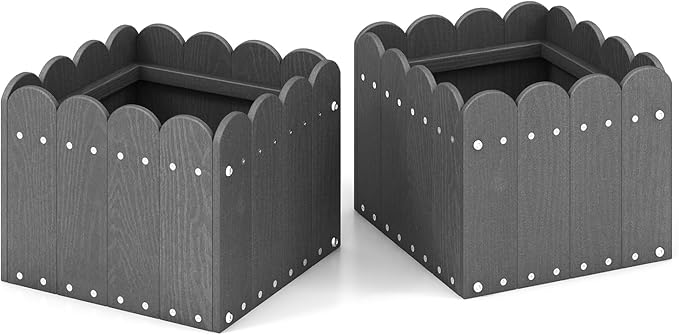 Giantex Set of 2 Raised Garden Bed Weather-Resistant HDPE Planter Boxes with Drain Gaps Square Flower Pots for Vegetables Flowers Fruits Plant Raised Beds for Front Porch Garden Balcony Grey