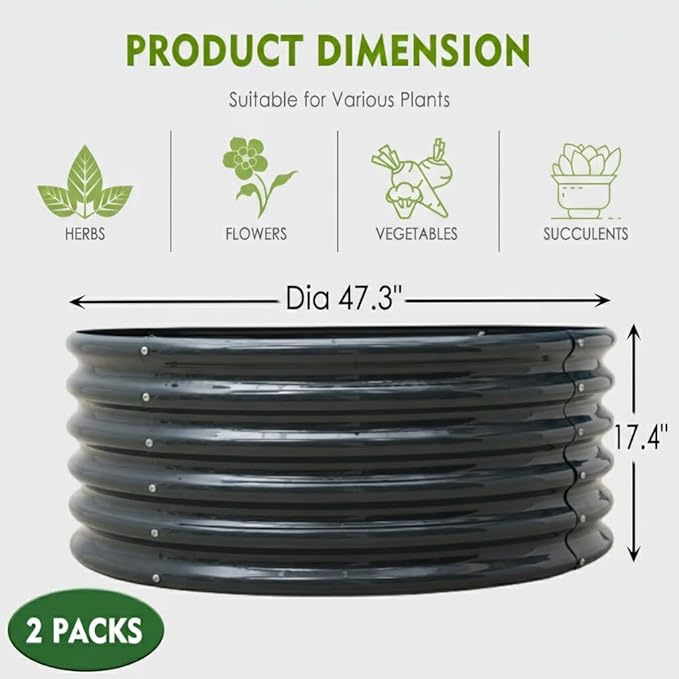 FORTUNO 2 Pcs 17 Tall 4 Ft Round Raised Garden Bed Box Galvanized Metal Outdoor High Flower Bed Steel Patio Ground Planter for Planting Vegetables and Herbs Dark Grey