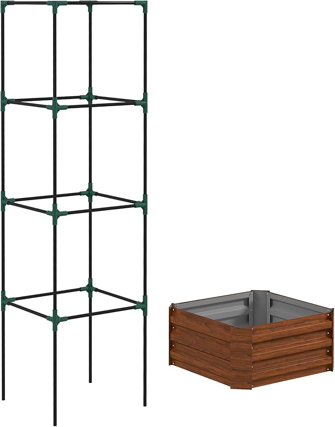 Galvanized Steel Raised Garden Bed with Trellis Tomato Cage 24x24x11.75 - Open Bottom Planter for Backyard Vegetables Climbing Vines Flowers