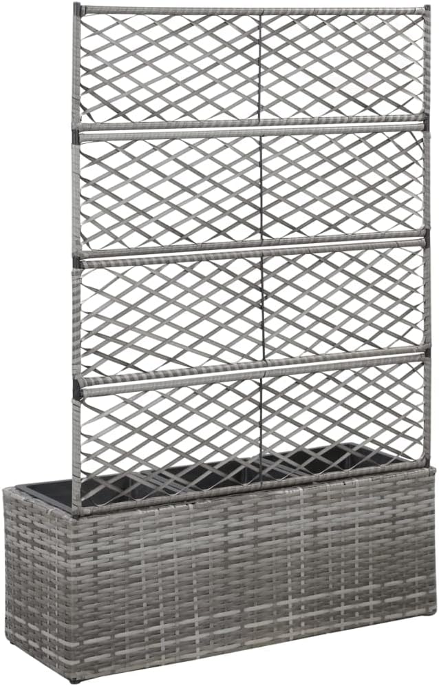 Trellis Raised Bed Poly Rattan with 3 Pots Gray Planter Box with Trellis Free Standing Garden Raised Bed for Flower Climbing and Hanging Plants 32.7x11.8x51.2