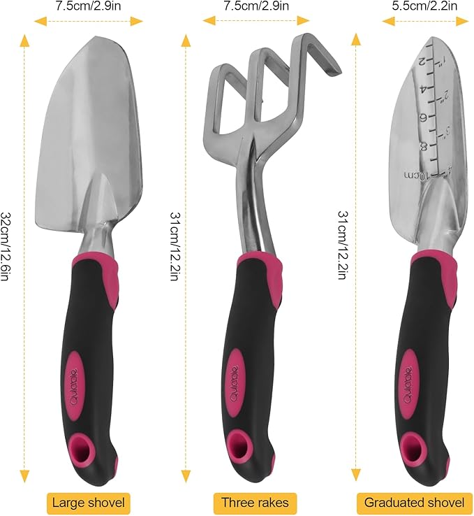 Qulable Tools Gardening Hand Tools 3 Piece Set - Heavy Duty Garden Trowel Transplanter Hand Rake - Comfort Grip Handle - Rust-Proof Design Cultivator Garden Hand Shovel