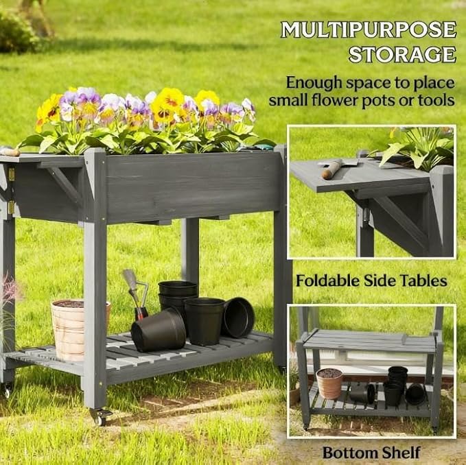 Elevated Garden BedWood Raised Planter Boxwith Lockable WheelsSide TablesBottom ShelfDrain Holes
