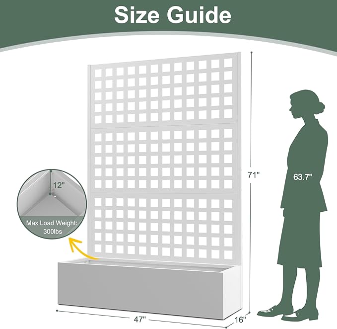 Metal Raised Garden Beds Outdoor with Trellis &amp Privacy Screen for Outdoor Plants Planter Box for Climbling Plants Flowers Vine Large Garden Boxes with Drainage Holes (47L×16W×71H White)
