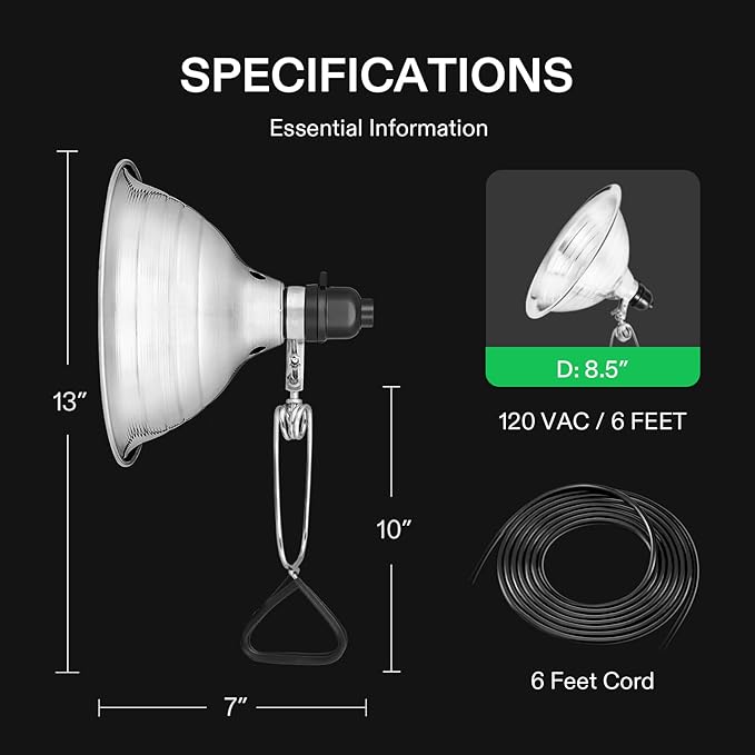 VIVOSUN Clamp Lamp Light with Detachable 8.5 Inch Aluminum Reflector up to 150 Watt E26 Socket (No Bulb Included) 6 Feet Cord UL Listed Pack of 2