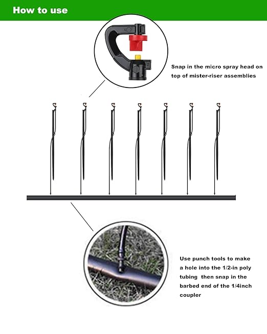 Drip Irrigation Micro Spray Emitter on 20 inch Stake with 1/4 Tubing and Barbed Coupler 180° Half Circle Pattern 8.5’ Spraying Distance