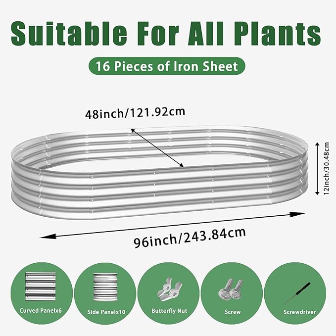 8x4x1ft Heavy Duty Metal Raised Garde Bed Kit Oval Large Metal Planter Boxes for Vegetables/Herbs/Flowers Galvanized Planter Raised Garden Beds for Outdoor with Reinforced Edges (2Pcs 8x4x1ft)