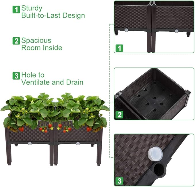 VINGLI Square Raised Garden Bed Self-Watering Plastic Planter for Indoor Outdoor Vegetables Fruits Potato Flowers All Weather (2 Pcs)
