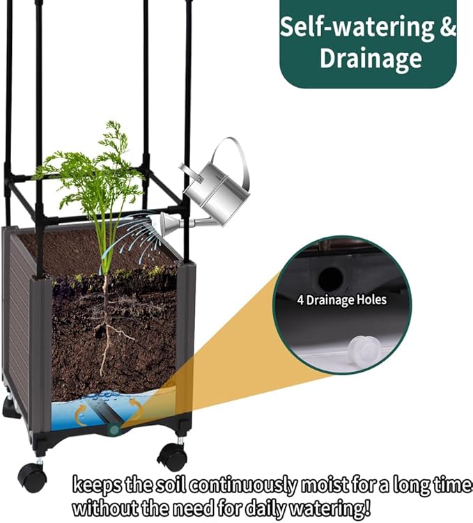 Tomato Cage with Trellis 62 H Wheeled Tomato Planter Box Outdoor for Climbing Plants Flowers Potato Vine Vegetables Portable Self Watering Raised Garden Bed for Patio Greenhouse