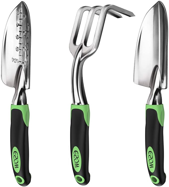 ESOW Garden Tool Set 3 Piece Cast-Aluminum Heavy Duty Gardening Kit Includes Hand Trowel Transplant Trowel and Cultivator Hand Rake with Soft Rubberized Non-Slip Ergonomic Handle Garden Gifts