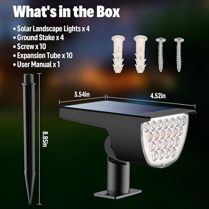 Solar Lights Outdoor Waterproof IP65 Solar Powered 76 LED 3 Lighting Modes Solar Spot Lights Outdoor for Yard Garden Landscape Pathway (Warm White 4 Pack)