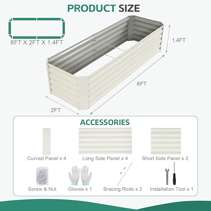 Galvanized Raised Garden Bed - 6x2x1.4ft Metal Garden Planter Box Outdoor | Steel Raised Bed Kit with Bracing Rods Gloves for Gardening Vegetables Fruits and Flowers (White)