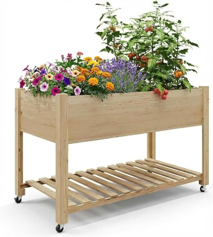 GAOMON Wooden Raised Garden Bed 48 x 24 x 32 in Planter Box with Legs Bed Liner and Bottom Shelf for Backyard Patio Balcony for Flowers Veggies Herbs Natural