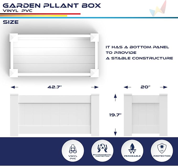 Windscreen4less 1 PC 43x20x20 Vinyl Raised Bed White Planter Box for Patio Balcony Deck Vegetables Herbs and Succulents Outdoor Indoor