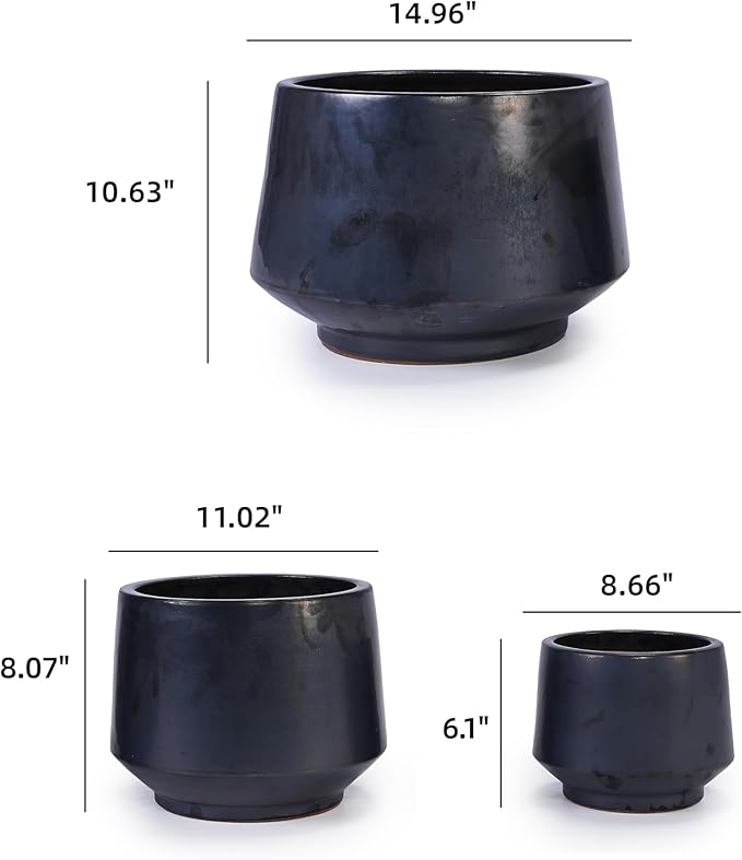 Handmade Black Matte Glazed Ceramic Planter Set of 3 15119 Inch Diameter Textured for Orchids Begonias IndoorOutdoor Use on Windowsill Bookshelf Breathable Clay