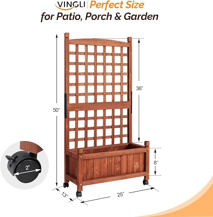 VINGLI Wooden Planter with Trellis 50 Height Elevated Garden Beds Outdoor with Wheels FreeStanding Planter Box with Drainage Holes for Flower Vegetable Fruit Herb in Garden Patio Balcony (1)