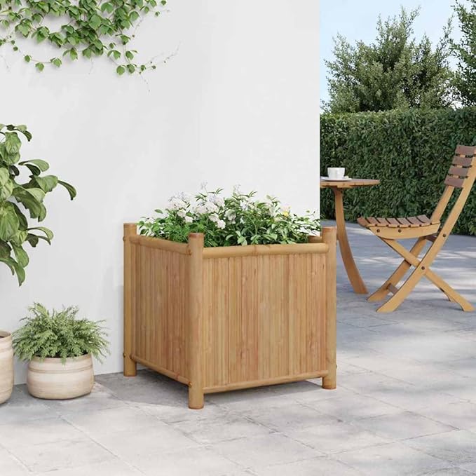 Natural Bamboo Square Planter Box 19.7x19.7x19.7 Inch Outdoor Garden Planter Durable Raised Garden Bed for Patio Balcony Deck