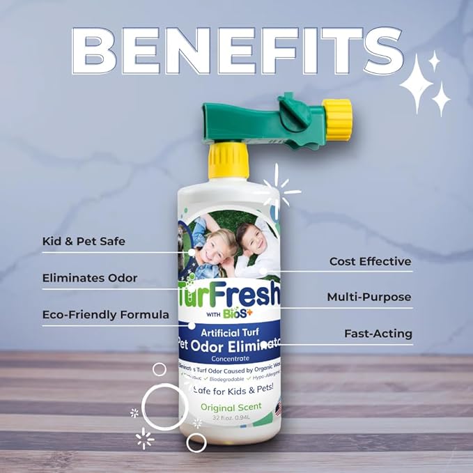 TurFresh BioS+ Artificial Turf Pet Odor Eliminator – Enzyme Concentrate for Dog Urine and Feces for Artificial Grass Kennels &amp Outdoor Surfaces – Safe for Kids Pets &amp Plants – 32 oz Bottle
