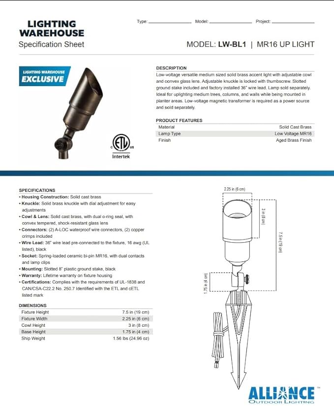 Alliance Brass Fixed Cowl Accent Light (No Bulb) | LWBL1