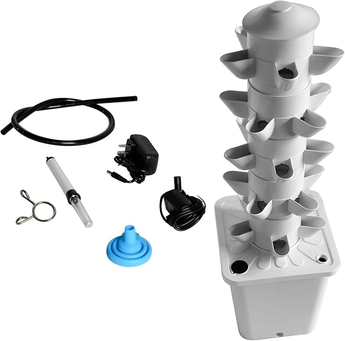 Vertical Hydroponic Growing System Tower 25 Pods White- Indoor Smart Garden with Auto Watering Timer &amp Movable Tank Soilless Planter for Herbs Vegetables Fruits | Pump Included Space-Saving De