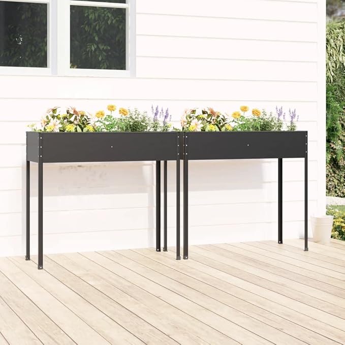 Garden Planter Set of 2 Anthracite Galvanized Steel Large Rectangular Raised Garden Bed for Outdoor Plants 39.6 x 39.6 x 35.4 inches