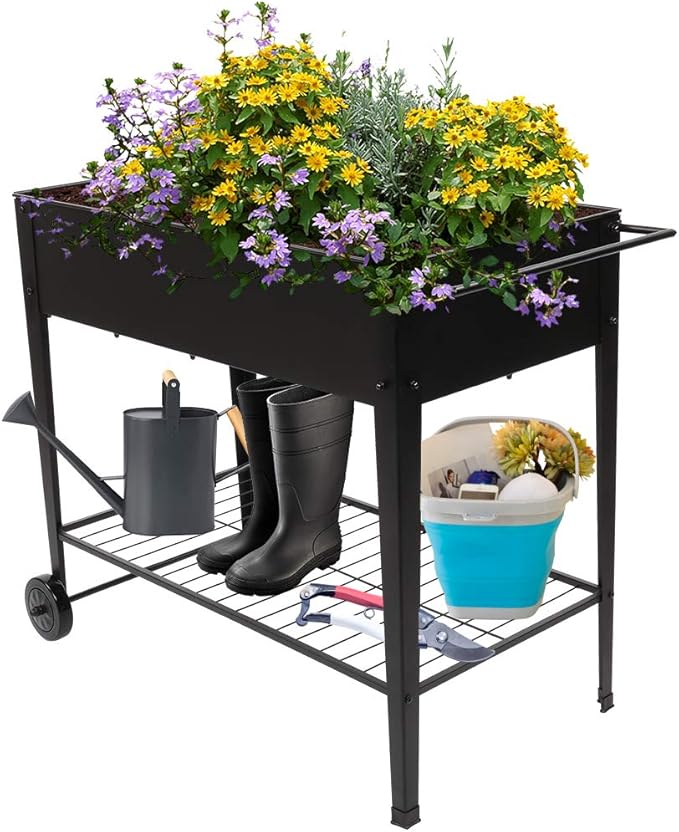 Planting Box with WheelsRaised Planter Box with Legs Outdoor Metal Elevated Garden Bed On Wheels for Vegetables Flower Herb PatioBlack