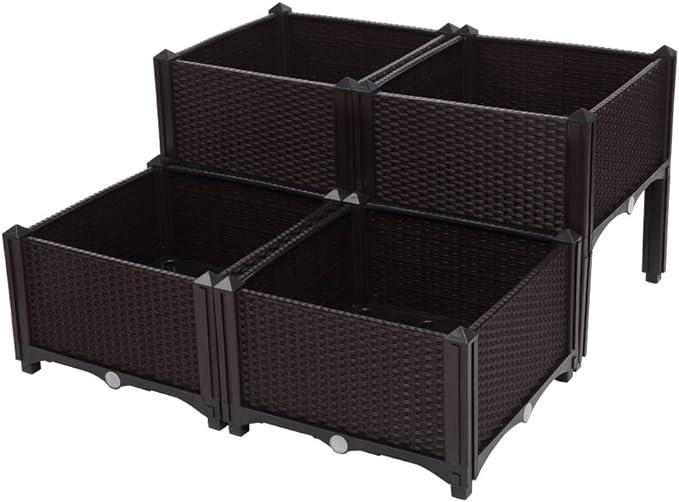 4pcs Garden BedModern Rattan-Style Plastic Raised Bed Garden Planter Stand Set for Backyard Kit for Flower Vegetable Grow Indoor Outdoor Brown