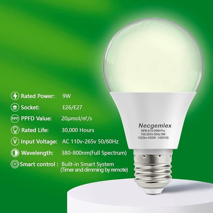 Smart LED Grow Light Bulbs with Remote Controller Sun Simulation Mode Built-in Auto Timer A21/A70 E26/E27 9W Dimmable Full Spectrum Intelligent Plant Grow Bulbs for Indoor Plants 4 Pack