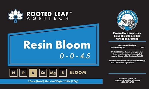 Resin Bloom - Carbon and Potassium Based Flower Finisher Fertilizer for Flowering Plants 100% Nitrate Free with Ginkgo &amp Jasmine - 5 Gallon