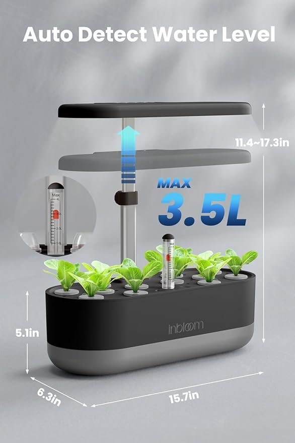 inbloom 12 Pods Hydroponics Growing System Kit Herb Garden Planter Indoor Kit Indoor Gardening Hydroponics Growing System with Pods 4.2L Water Pump Height Adjustable Gifts for Woman Black