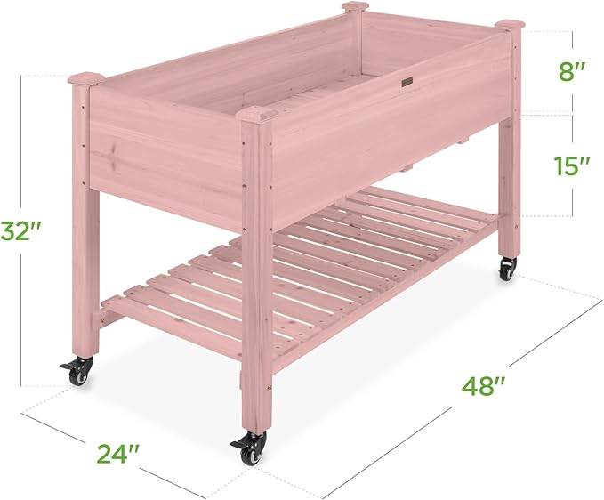 Best Choice Products Raised Garden Bed 48x24x32-inch Mobile Elevated Wood Planter w/Lockable Wheels Storage Shelf Protective Liner - Pink