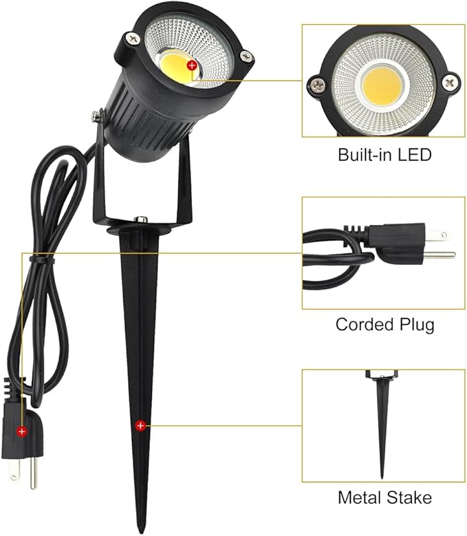 GSS6005 Plug in Spotlight Outdoor 5W LED Landscape Spotlight 120V 3000K Warm White Metal Construction with Ground Stake 3ft Cord and Plug Black (Pack of 2)
