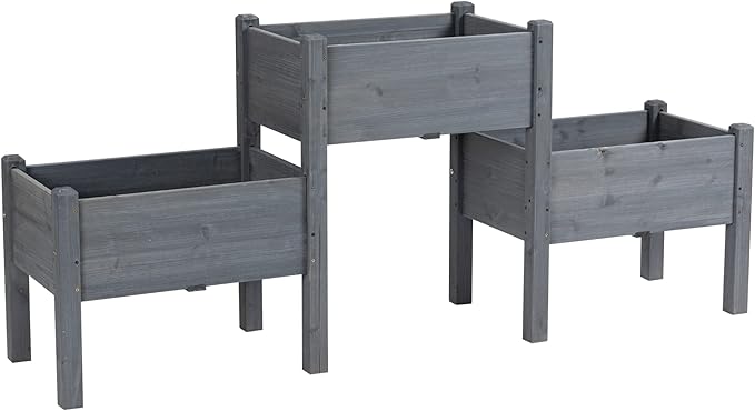 Raised Garden Bed with 3 Planter Box Elevated Wooden Plant Stand with Drainage Holes for Vegetables Herb and Flowers Gray