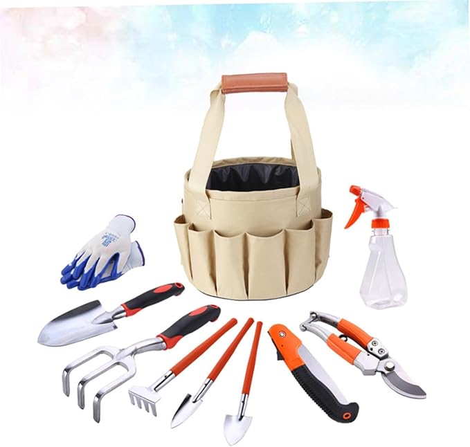 SUPVOX 10pcs Aluminum Alloy Garden Tool Set with Plastic Handles Including Wide Shovel Rakes Hand Saw Pruner Gloves and Watering Can Portable Gardening Kit for Random Color