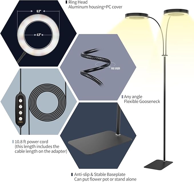 GLOWRIUM Grow Lights for Indoor Plants 36W Full Spectrum 2-Head LED Plant Light with Stand Adjustable Height 3/9/12H Timer 6 Dimmable Levels &amp 3 Lighting Modes(Black-Double Head)